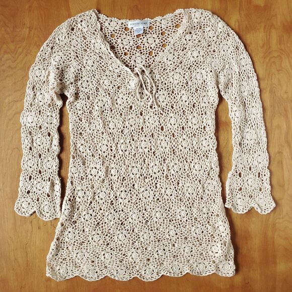 Crochet Sweater Sz M Beige Tunic Cottage Whimsical Floral Grandma Doily Boho - Picture 5 of 9